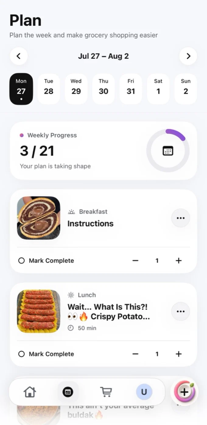 Hireci weekly meal planner screen